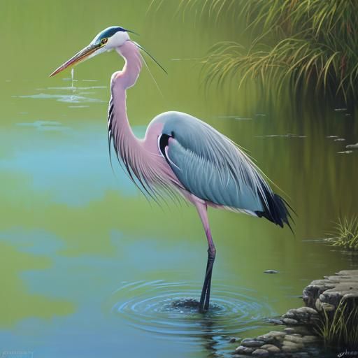 Whimsical Heron Sipping Soda, Oil Painting Style