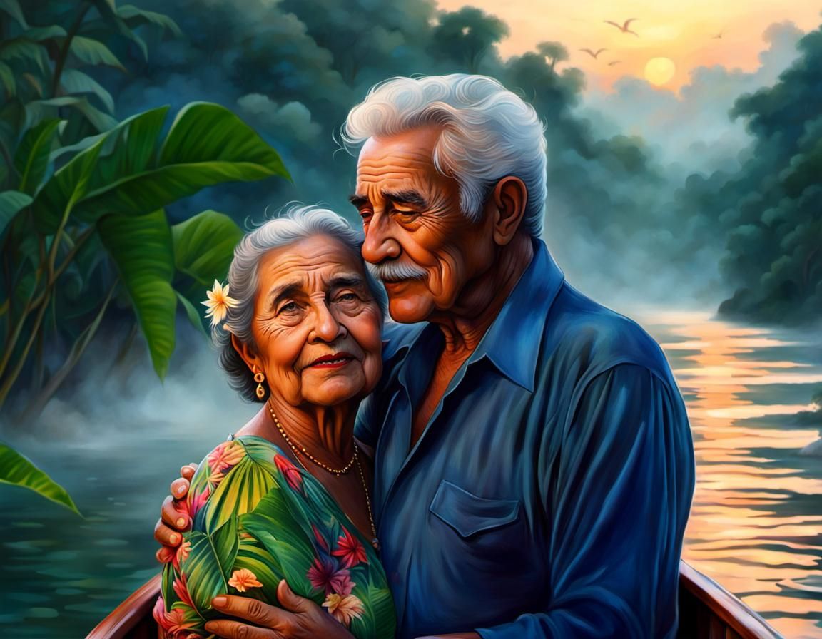 Elderly Lovers' Eternal Voyage in Twilight Mist