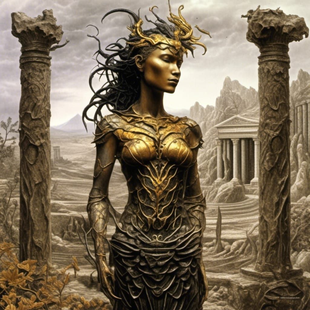 Golden Roman Goddess in Post-Apocalyptic Ruins