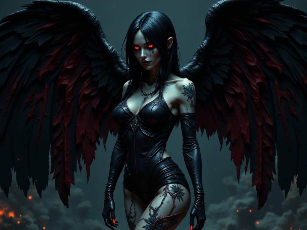 Dark Angel Elegance with Crimson Eyes in Haunting Atmosphere