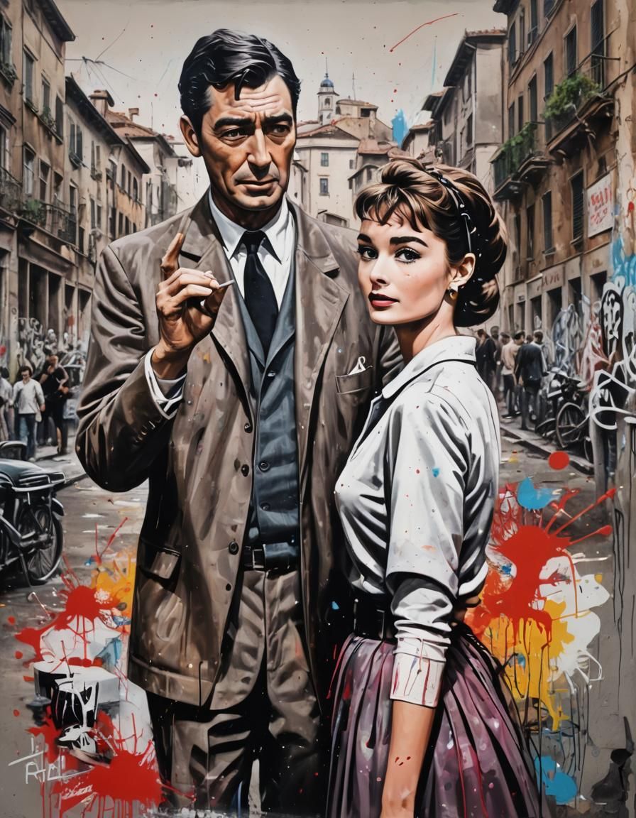 Gregory Peck and Audrey Hepburn Graffiti Art