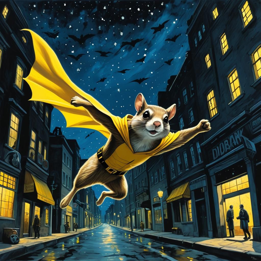 Superhero Squirrel Chasing Robbers in Cityscape