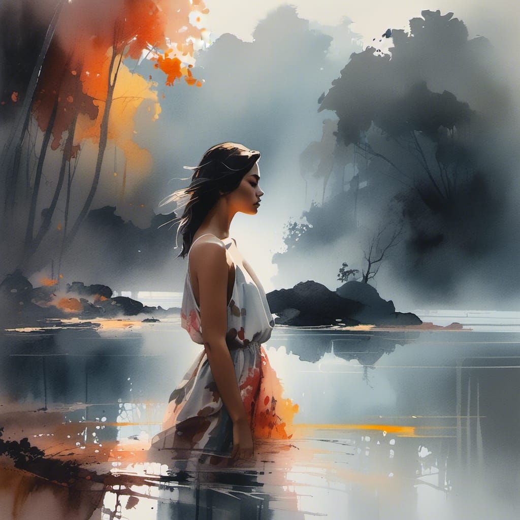 Tropical Island Woman: Dreamy Autumnal Painting