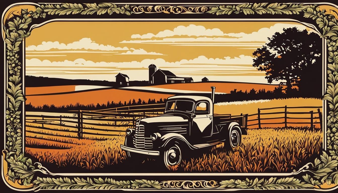 Farm in Field as Vintage Serigraphy Vectorgraphic