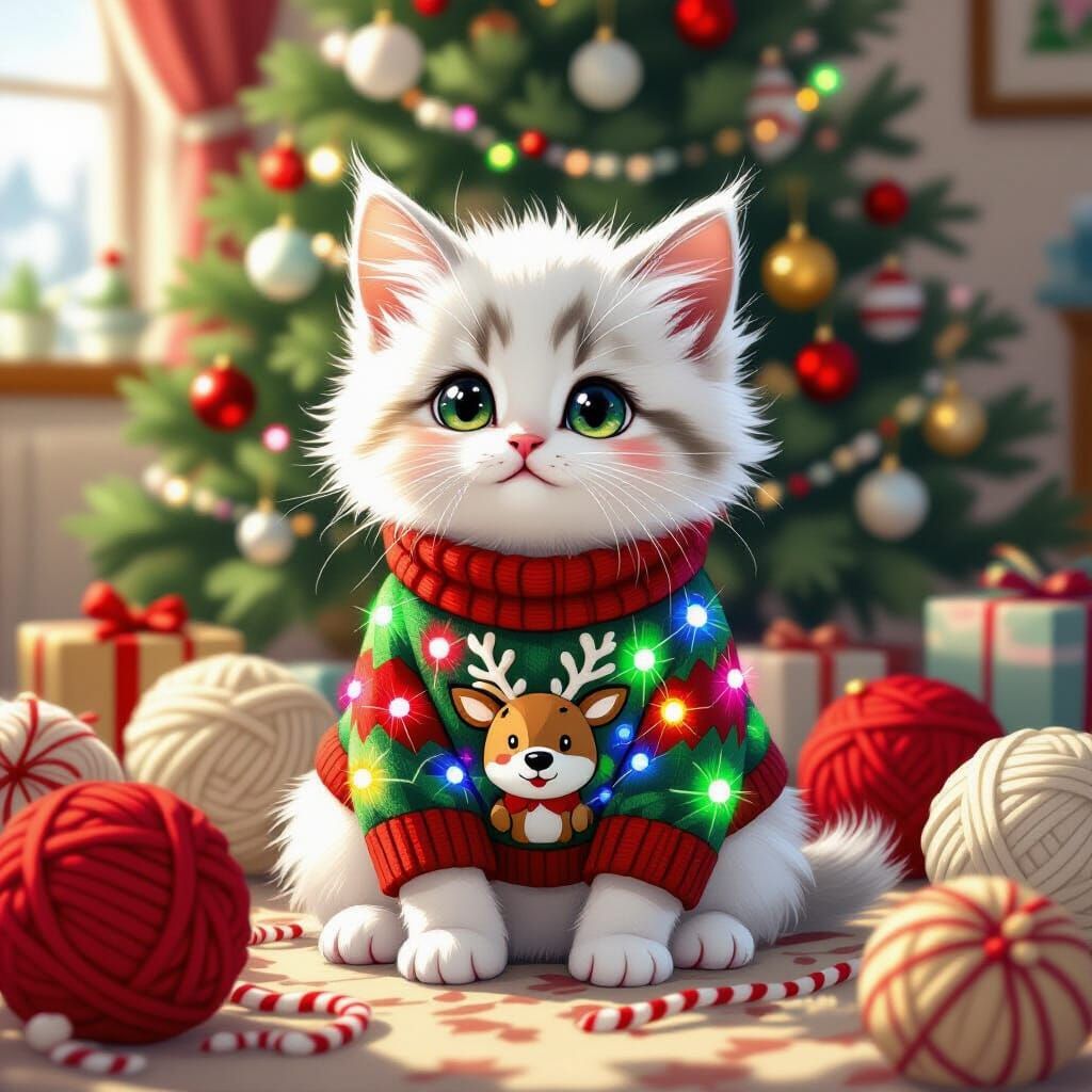 Fluffy Kitten in LED Christmas Sweater: Anime Style