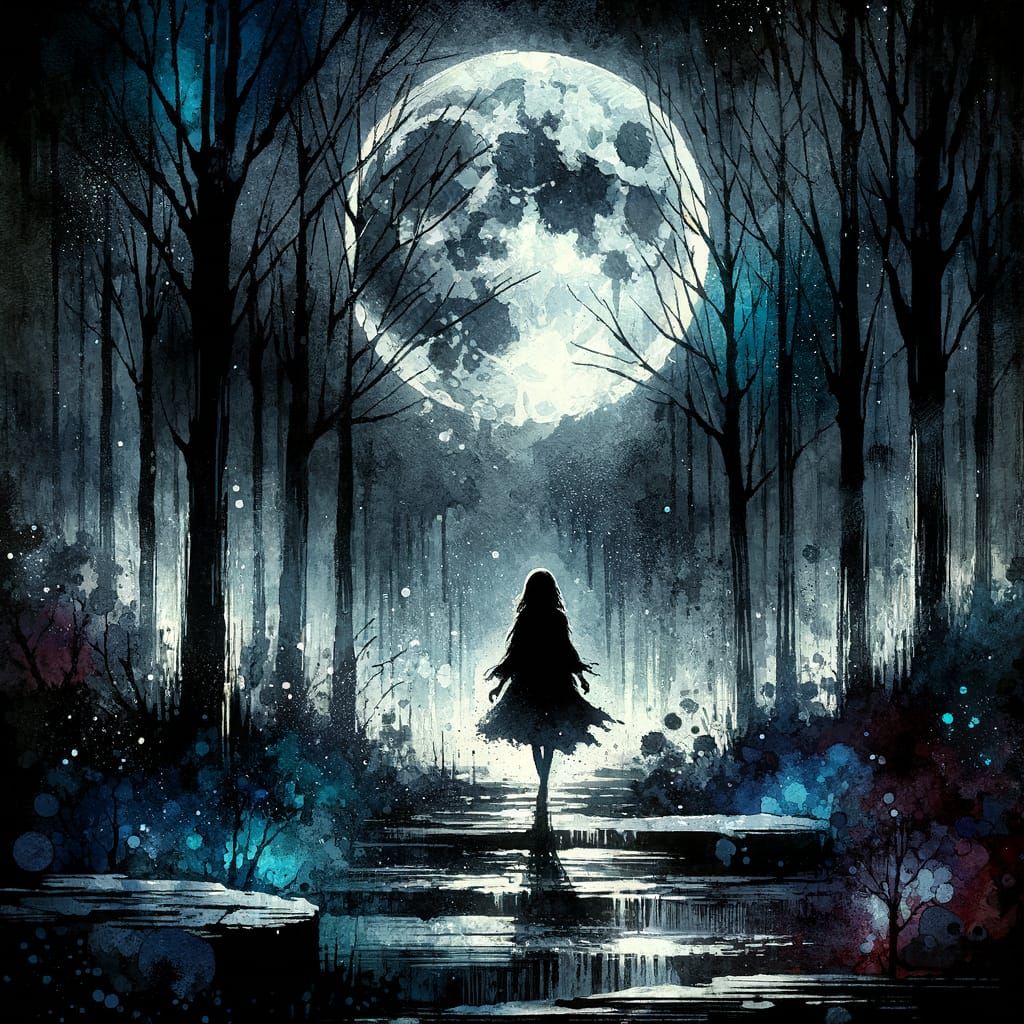 Mysterious Girl Walks Gloomy Forest at Midnight