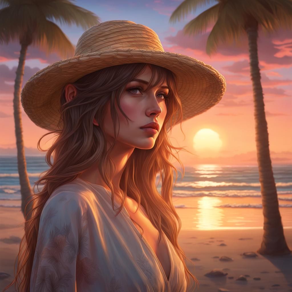 Girl with Straw Hat at Tropical Sunset