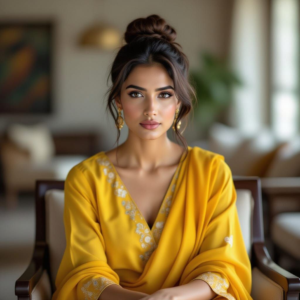 Serious Indian Woman in Yellow Salwar Kameez Poses in Lounge