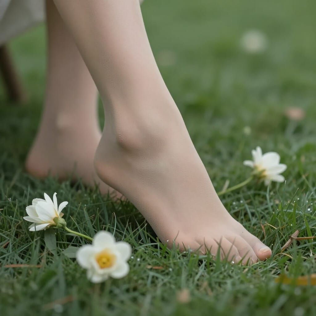 Elegant Foot in Sheer Pantyhose on Grass, Soft Light