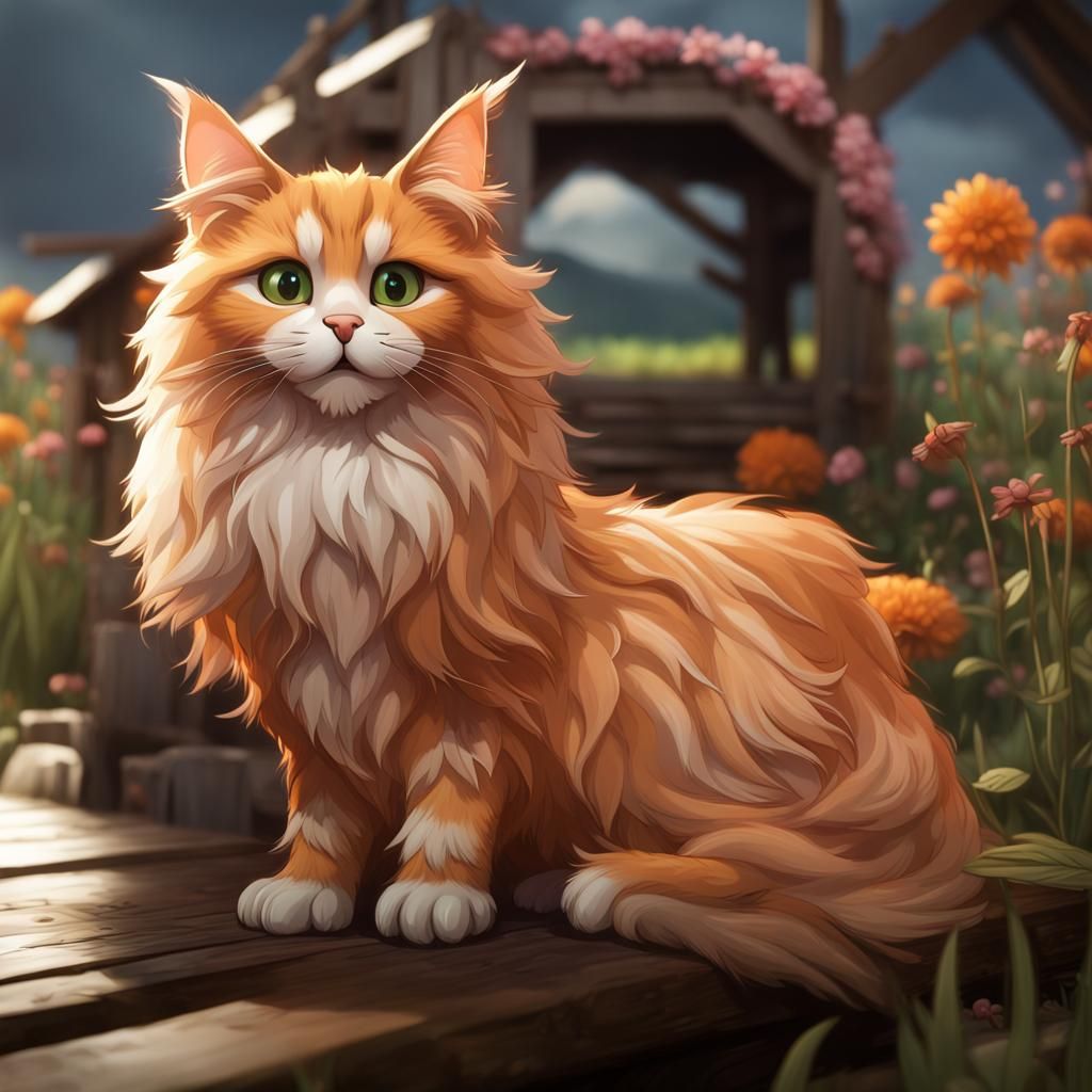 Chibi Maine Coon Cat in Field of Flowers
