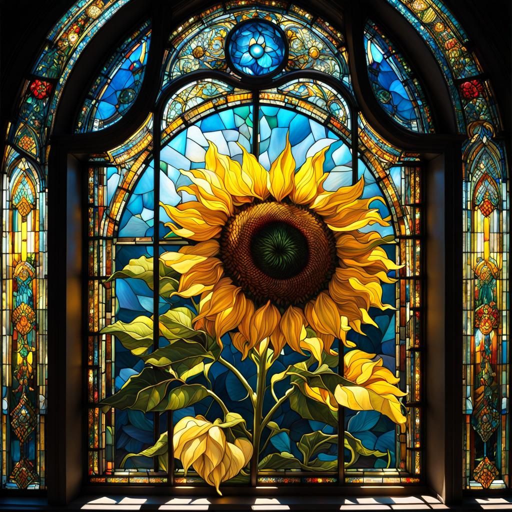 Victorian Stained Glass Sunflower Window in Fantasy Style