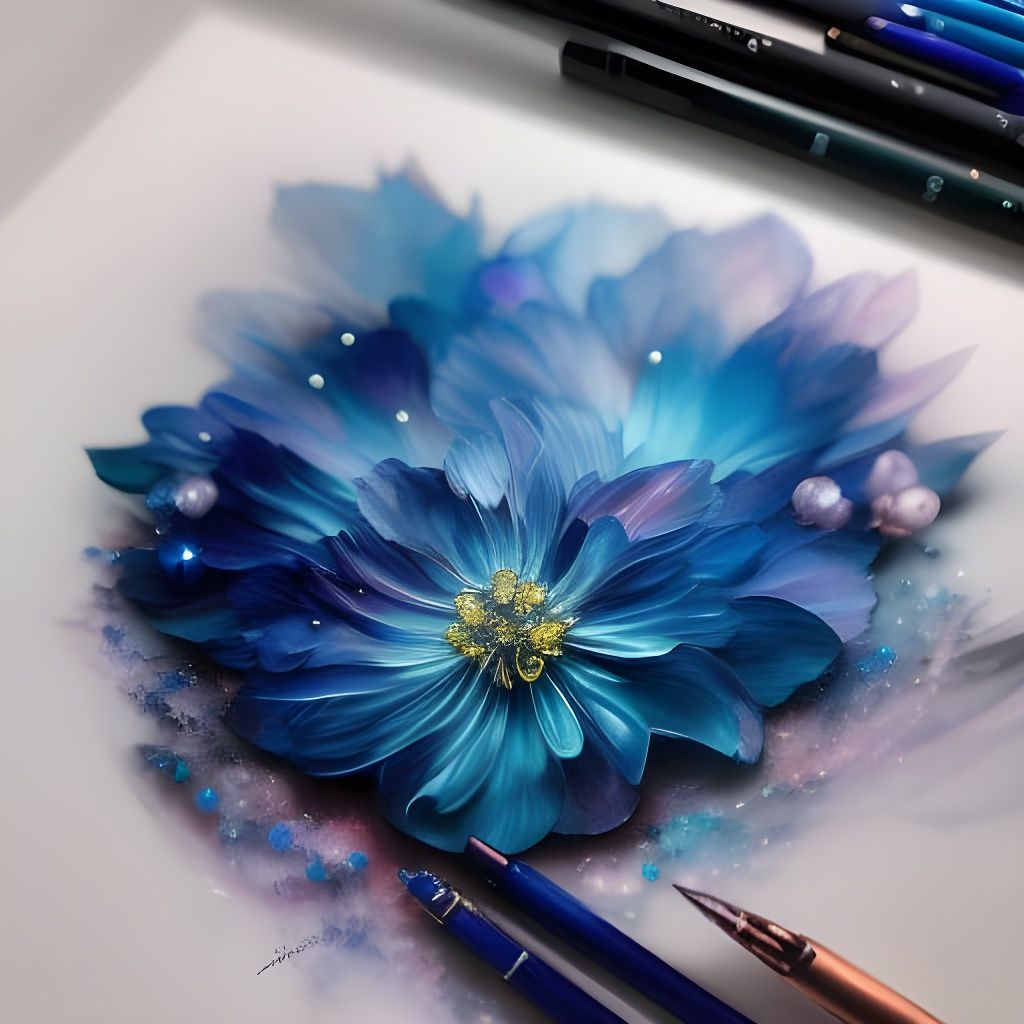 Magical blue flower drawn on a paper