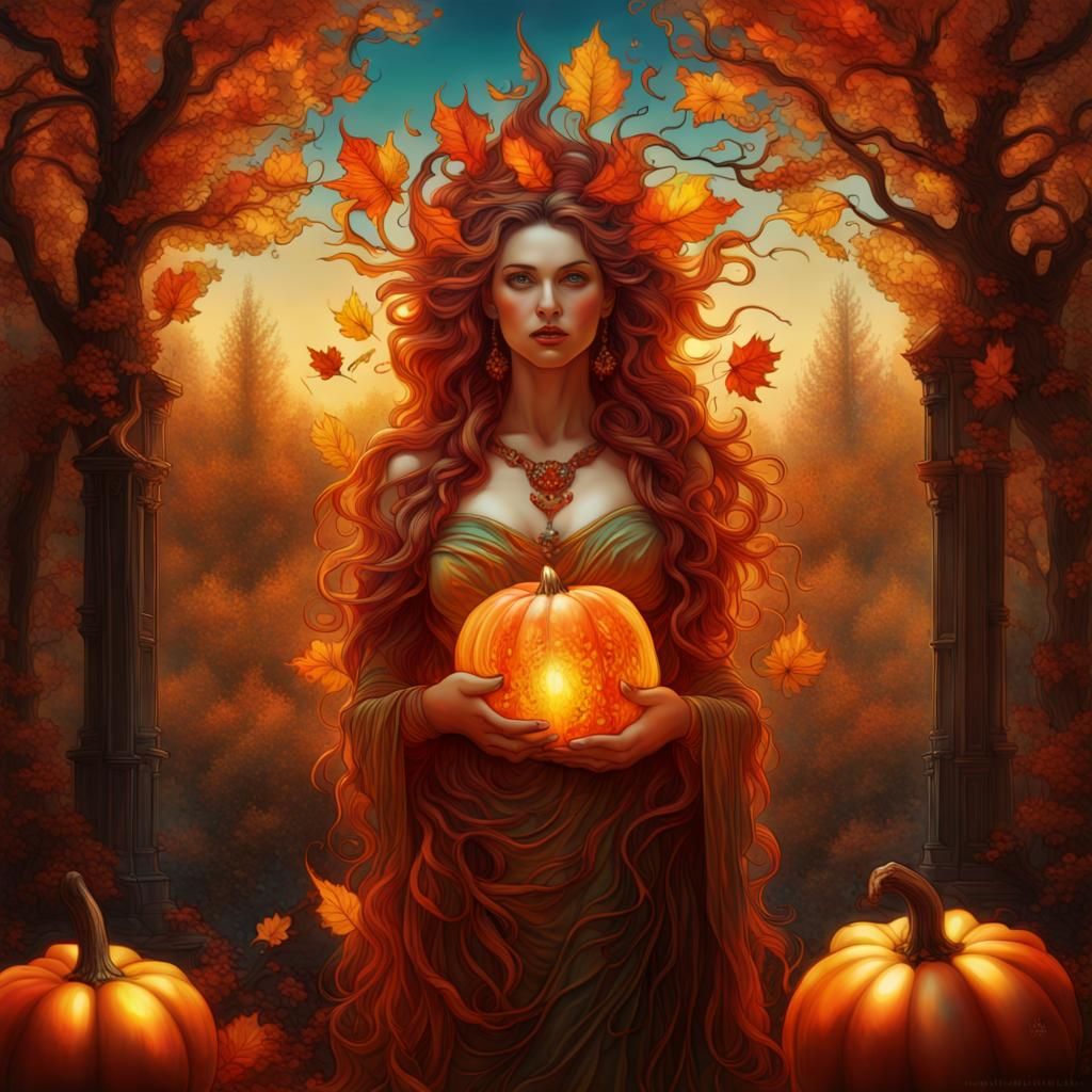 Autumn Goddess with Firey Glass Pumpkins