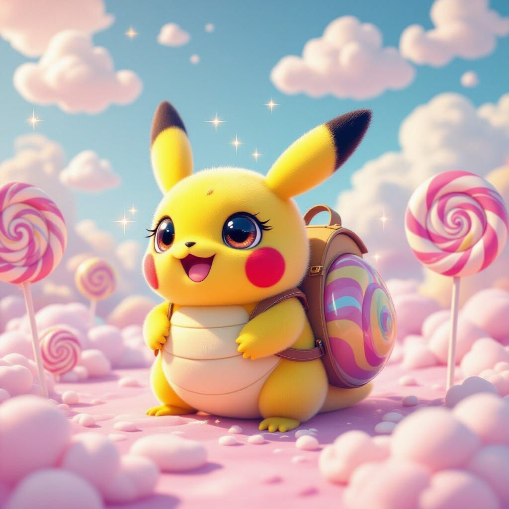 Candy Dreamscape: Snail-Pikachu Hybrid in CGI Comic Style