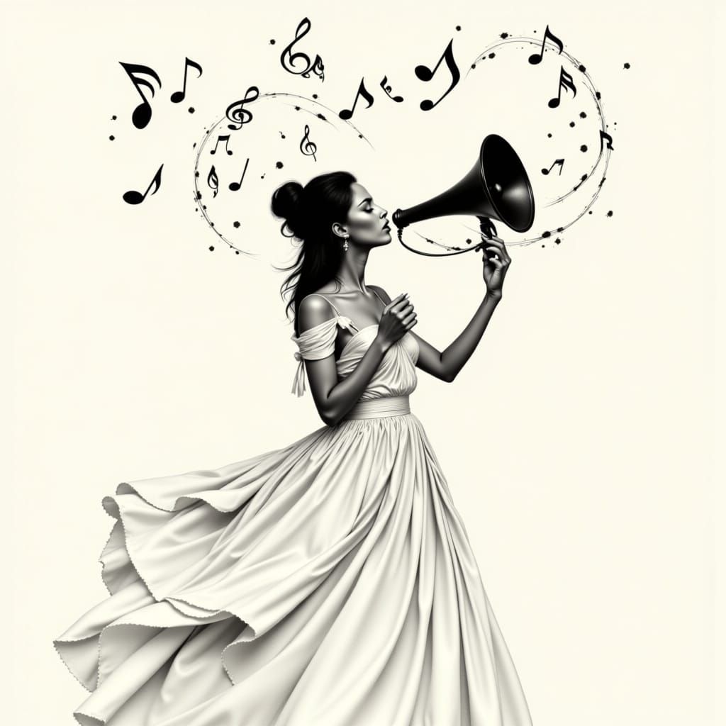 Maiden Singing with Musical Notes in Charcoal Style