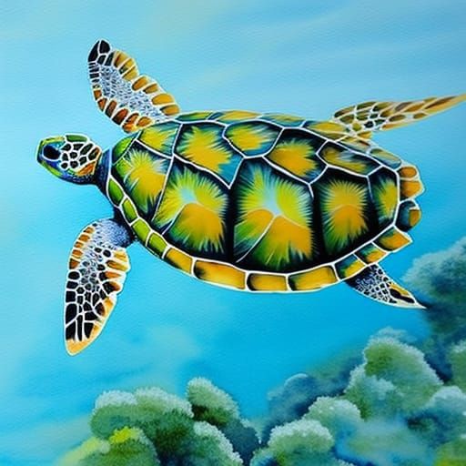 Sea Turtle in Great Barrier Reef: Watercolour Gouache