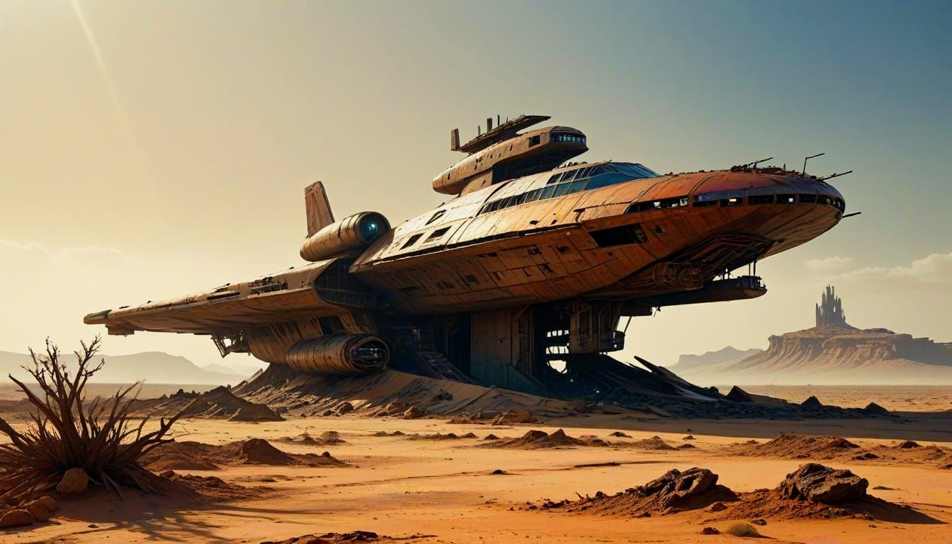 Rusted USS Enterprise in Steampunk Desert Landscape