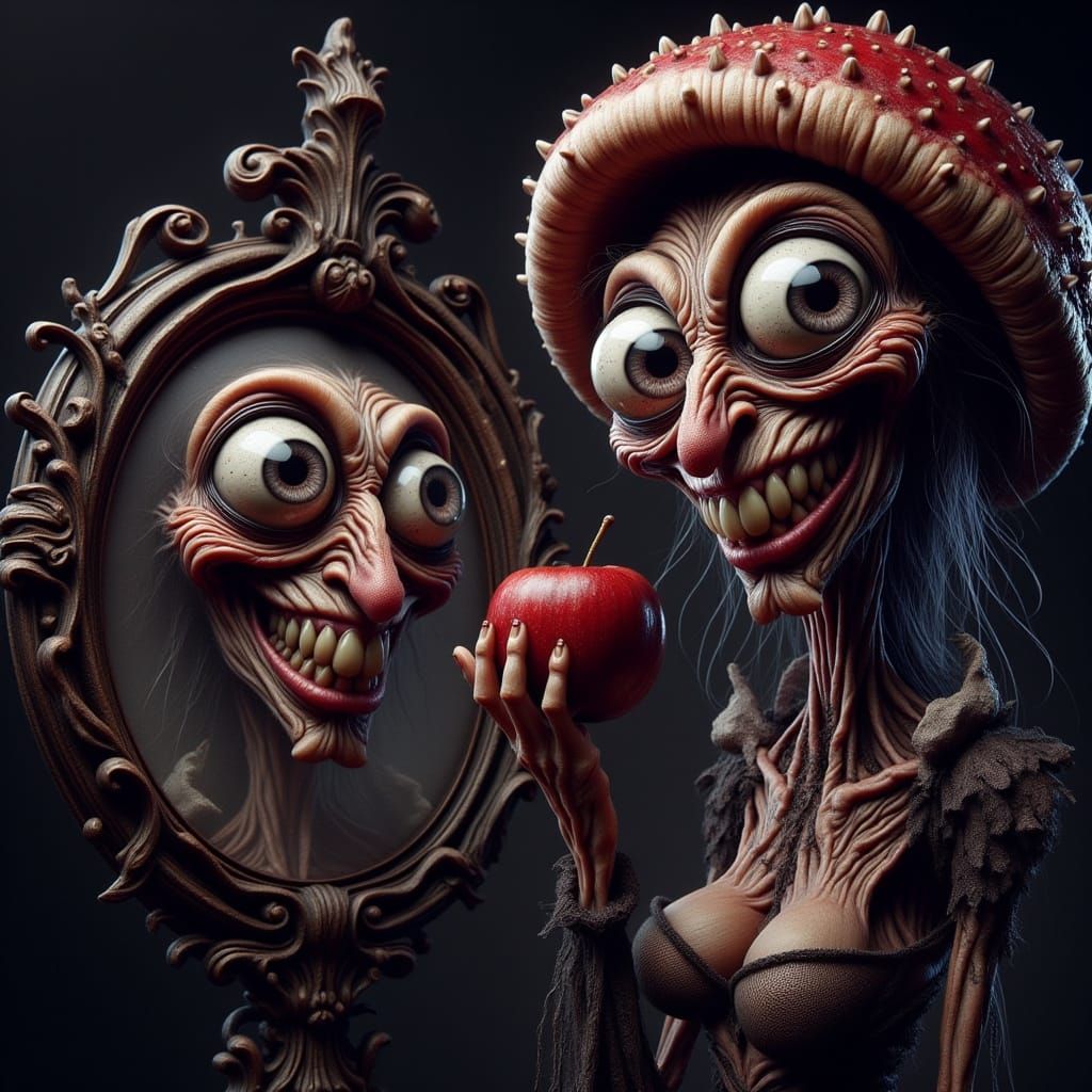 Humorous Mushroom Witch with Apple in Fairy Tale Mirror
