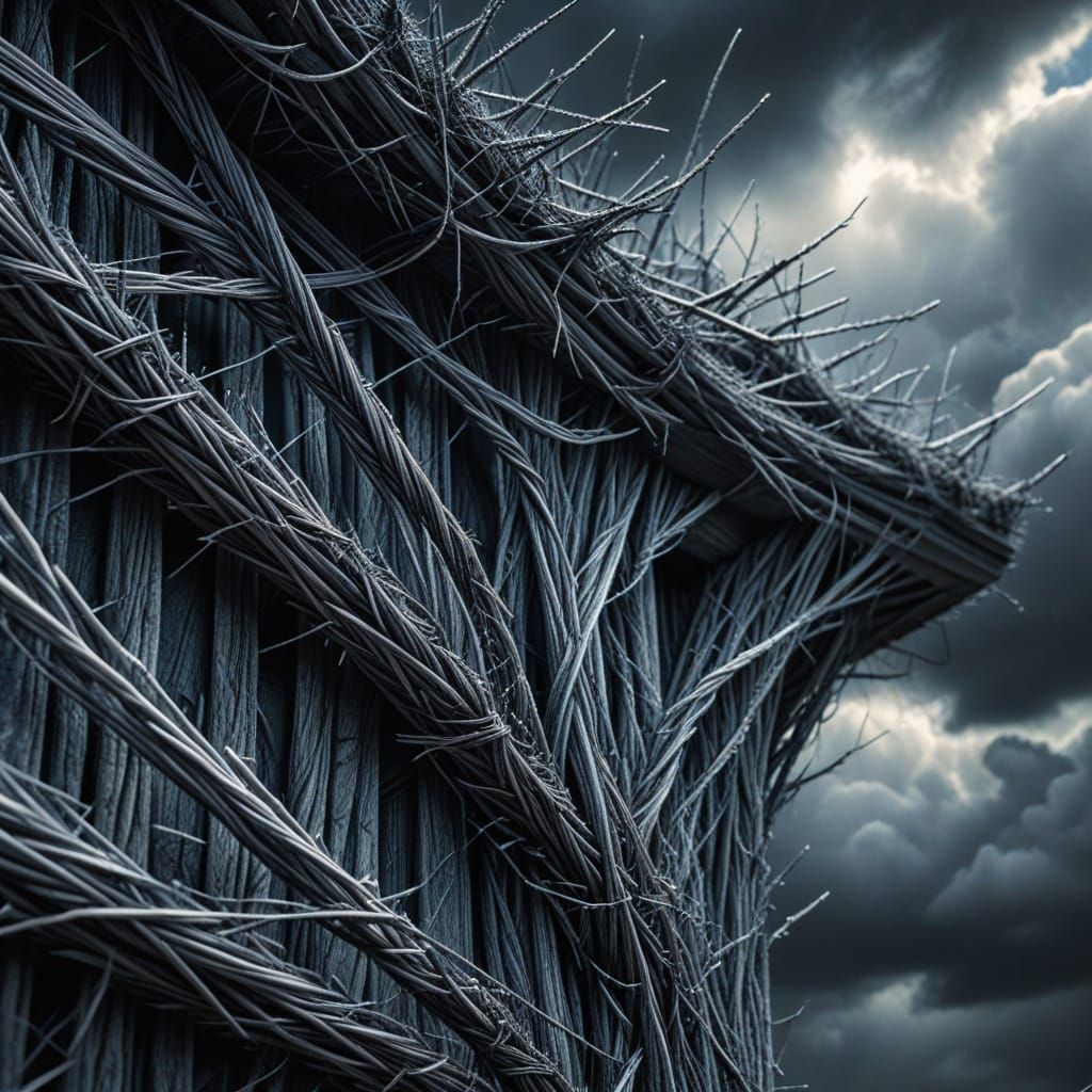 Towering Metallic Thread Structure in Charcoal Drawing Style