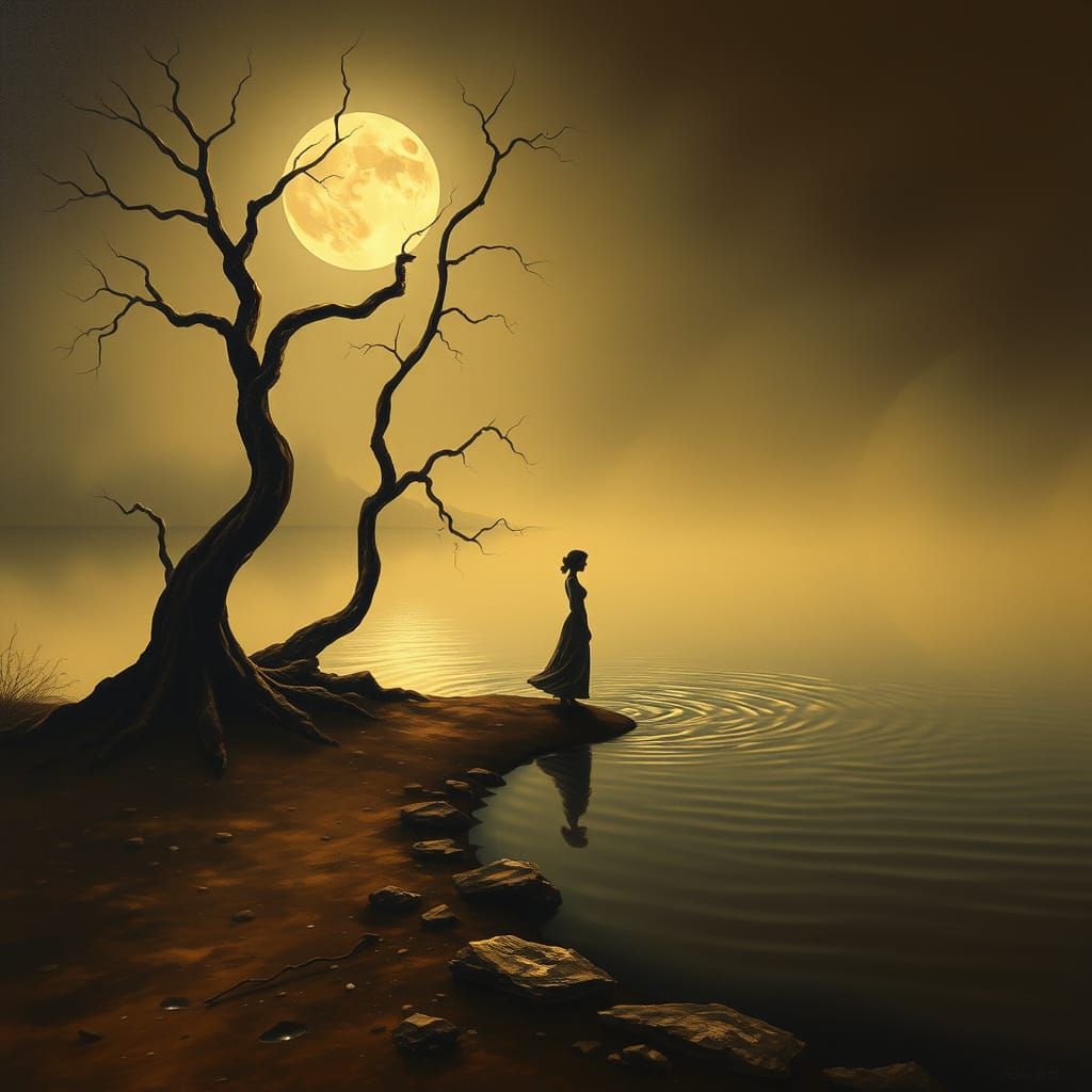 Surrealist Oil Painting of a Woman by a Misty Lake