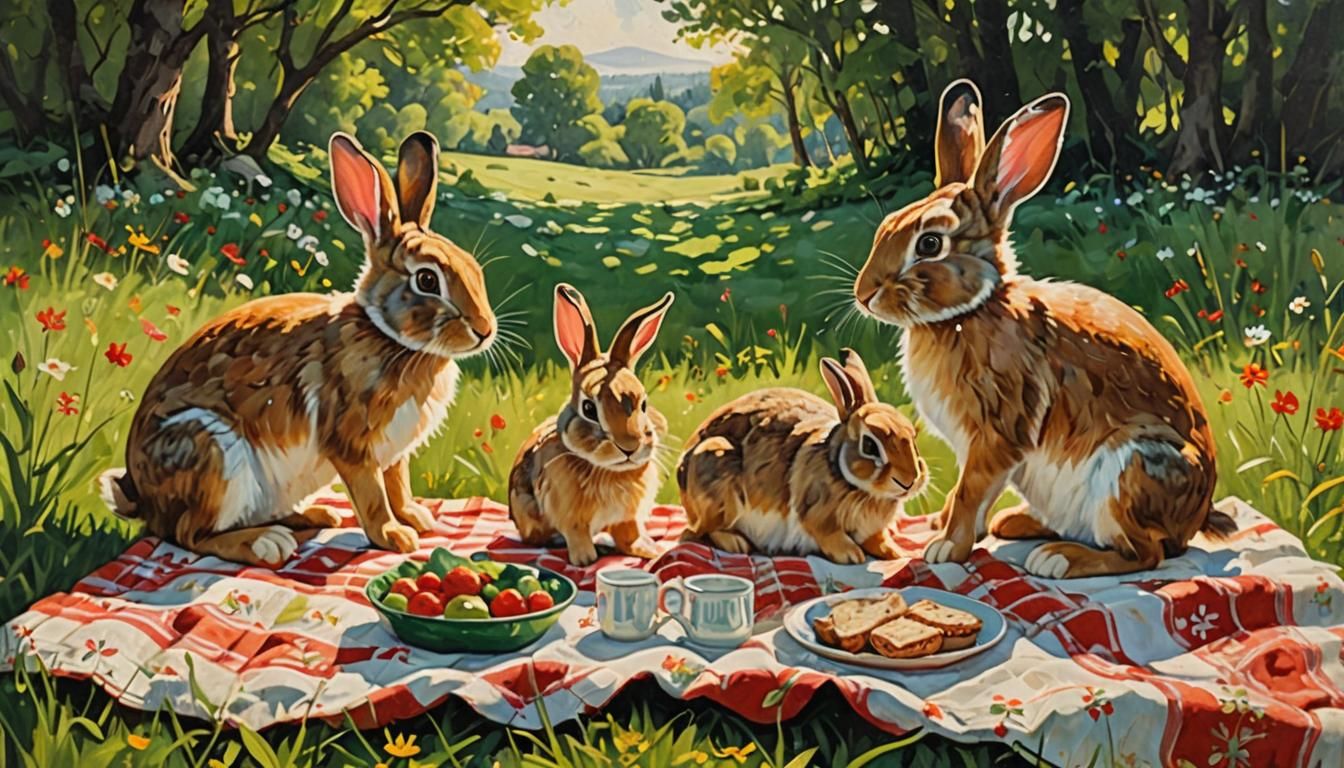 Bunny Family Picnic in Impressionist Meadow