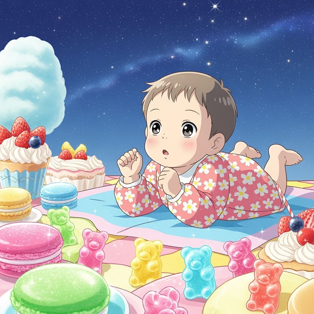 Cute Baby Smiles Under Starry Sky: Anime Fantasy