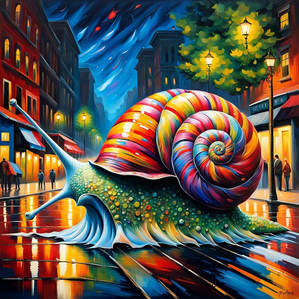 Giant Alien Snail in City, Impasto Oil Painting