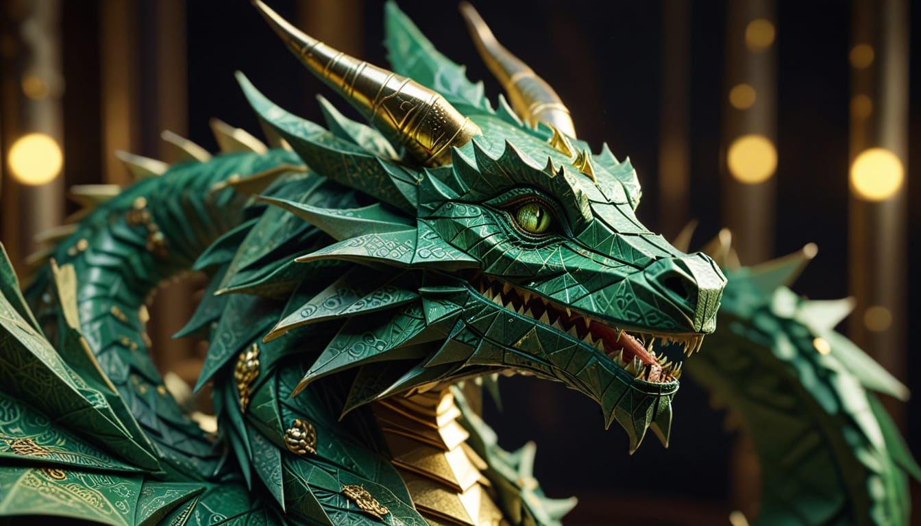 Green Origami Dragon of Hundred-Dollar Bills, Art Deco Style