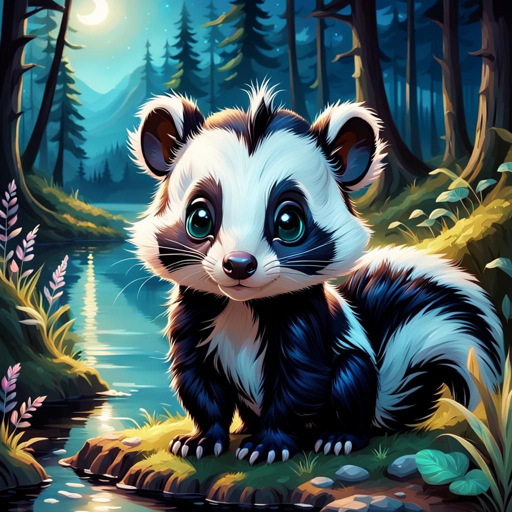 Portrait, cute cub skunk, scene night forest whit lake.