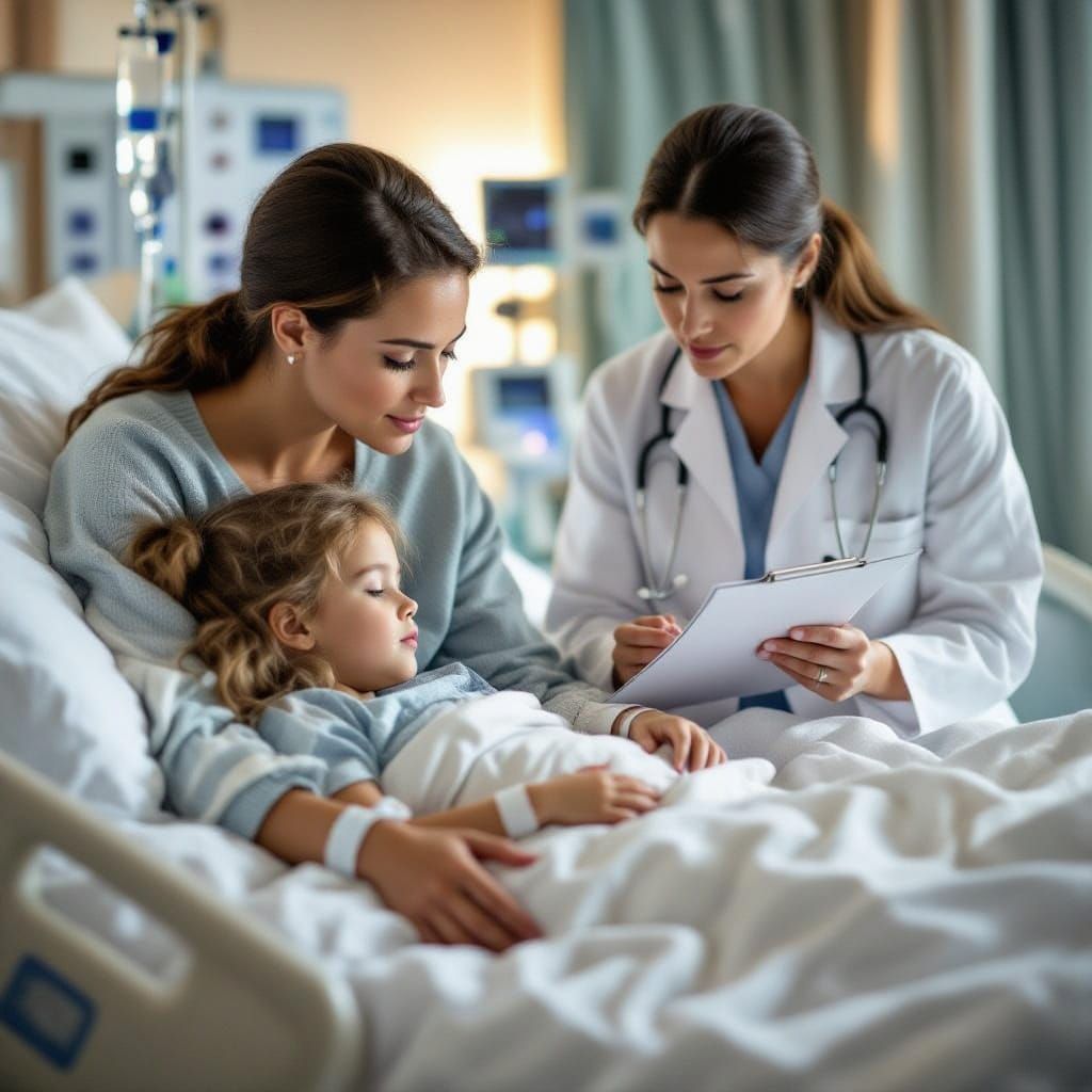 Mother and Doctor Care for Sick Girl in Hospital