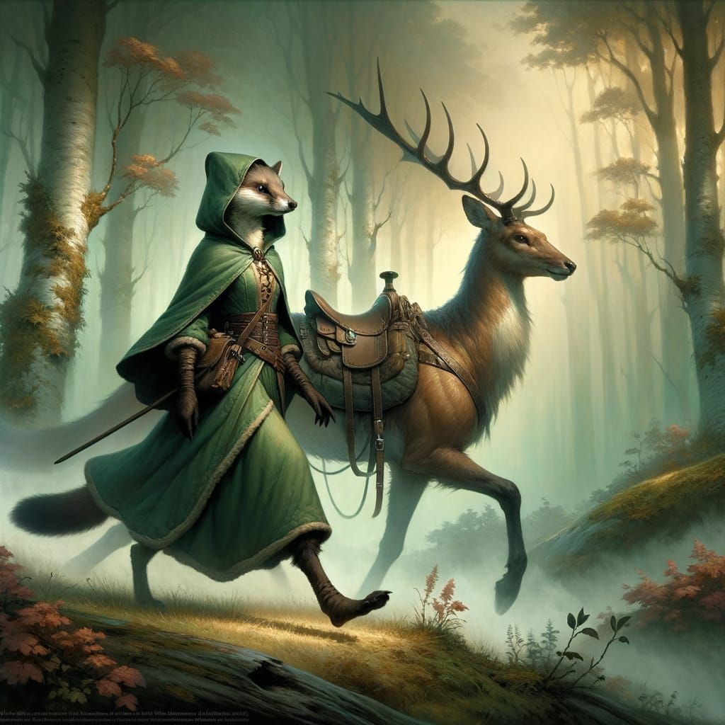 Marten Hunter in Misty Forest, Fantasy Art