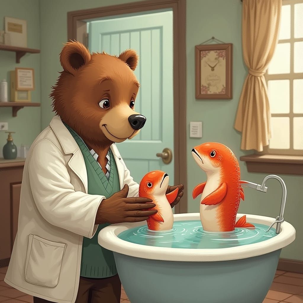 Bear Doctor Checks on Baby Salmon in Country Hospital