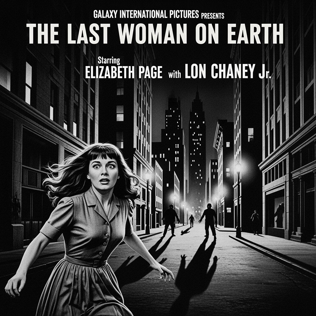 Monochromatic 1950s Sci-Fi Movie Poster: Woman Flees Shadowy...