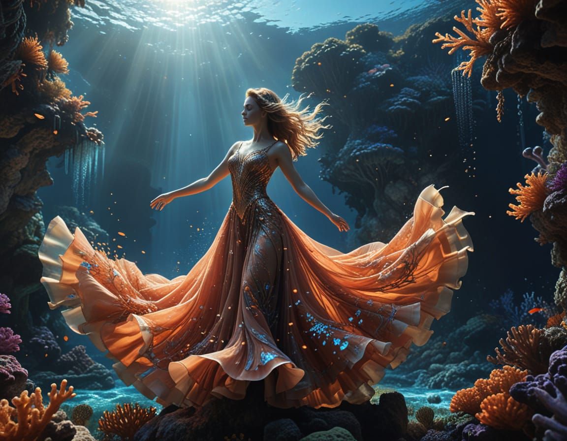 Woman Dancing in Sunlit Coral Reef Digital Matte Painting