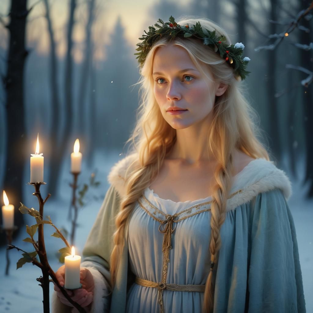 Swedish Lucia in a Winter Wonderland Scene, Nordic Romantici...