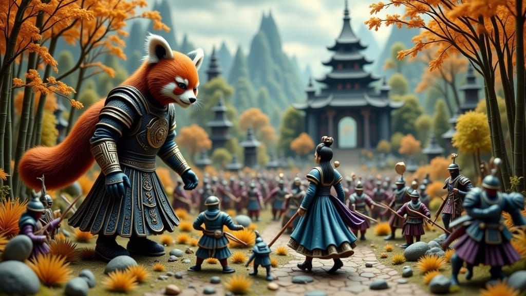 Red Panda Warrior in Elaborate Diorama