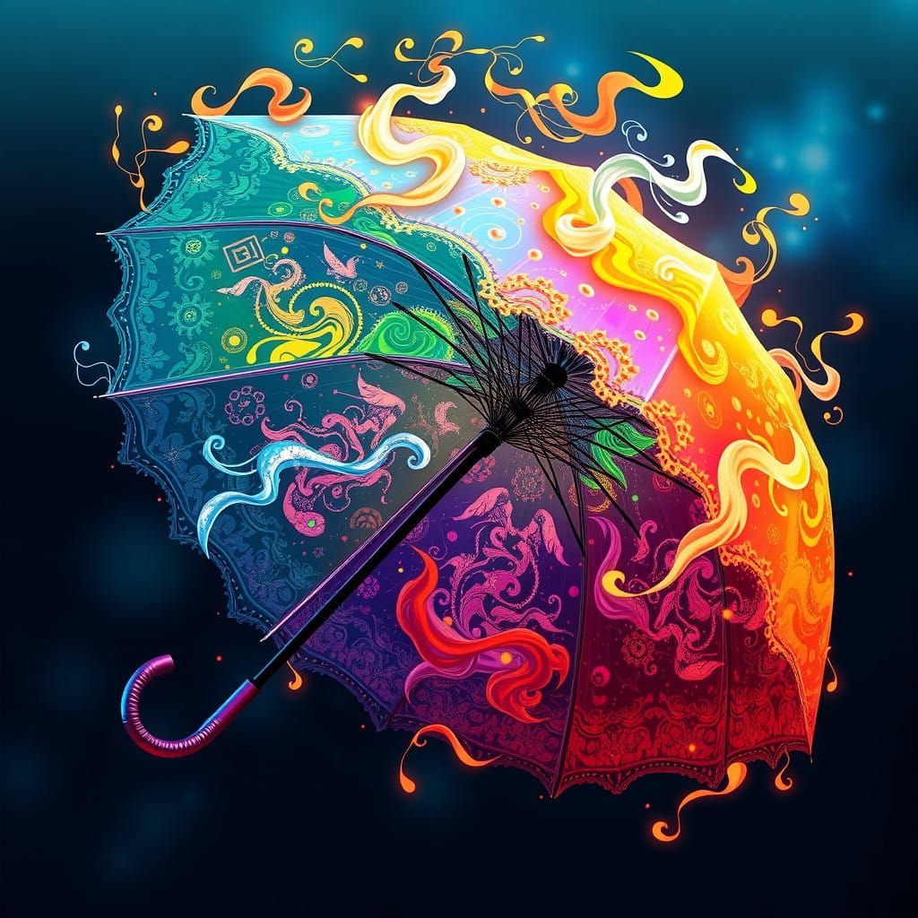 Whimsical Elemental Umbrella in Vibrant, Iridescent Hues