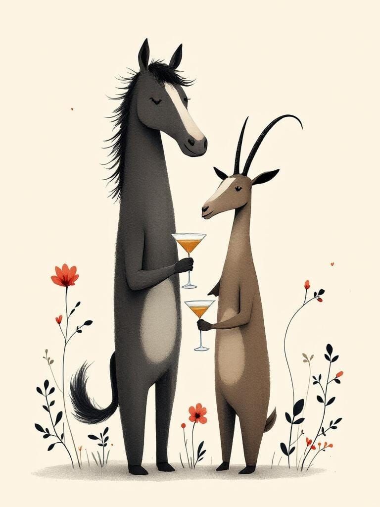 Stylized Horse and Goat Toasting Illustration