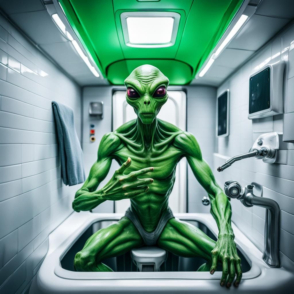 Green Alien Selfie on Spaceship: Candid Digital Photo