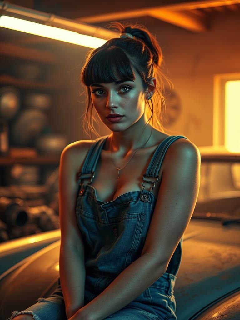 Beautiful Woman in Garage with Atmospheric Lighting