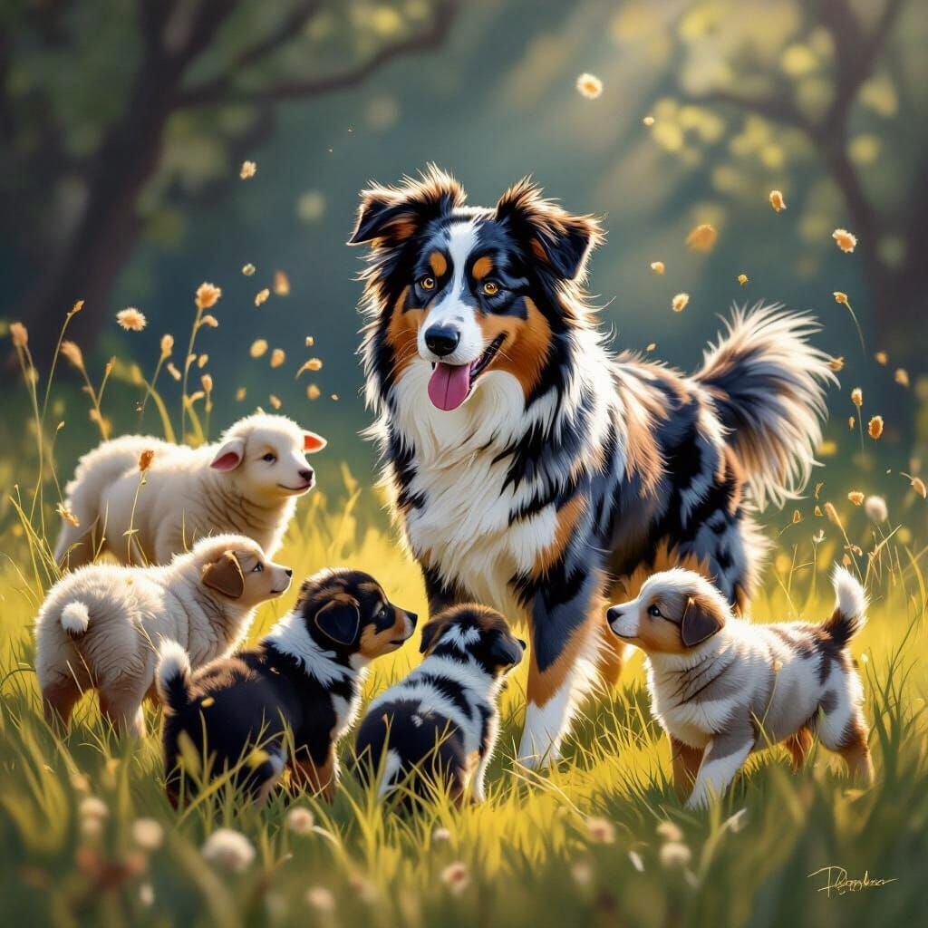 Australian Shepherd Puppies Learn to Herd Sheep