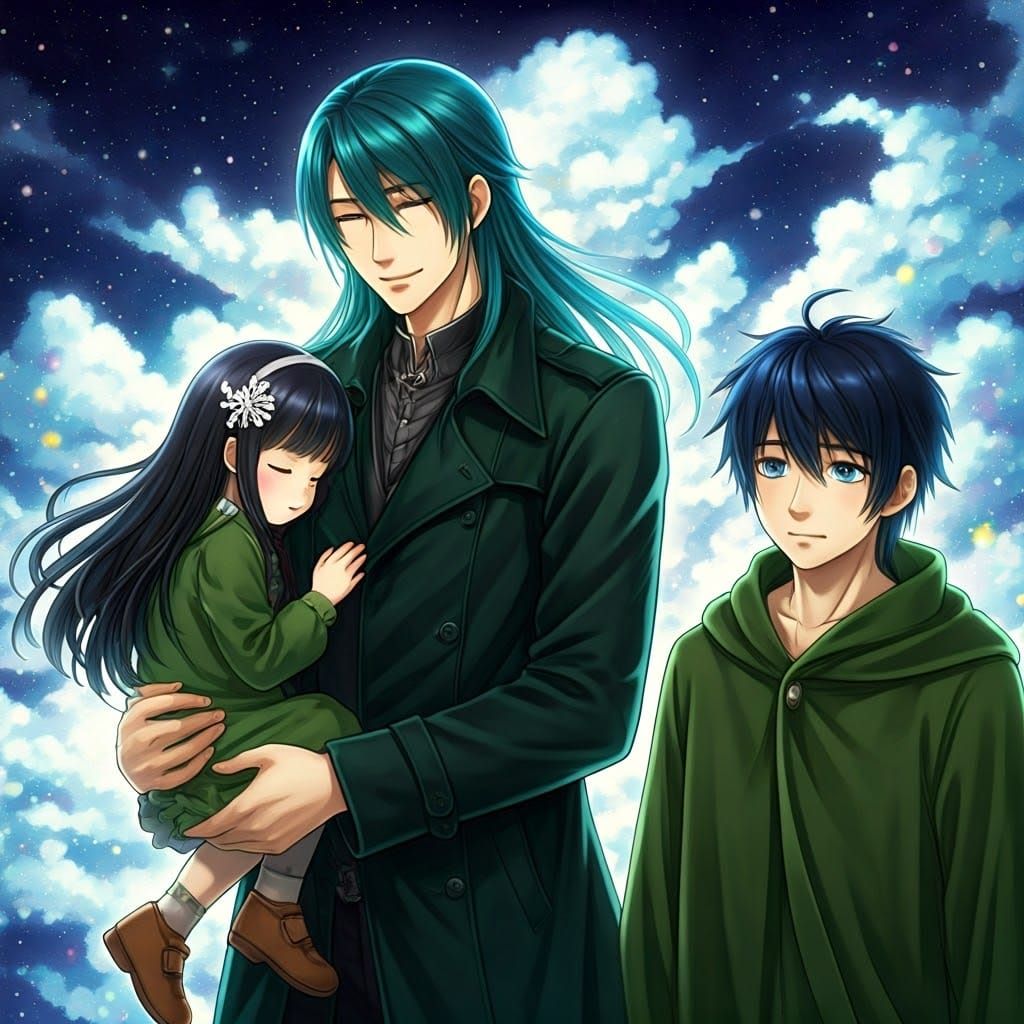 Men Walking with Child in Dreamlike Cosmic Scene