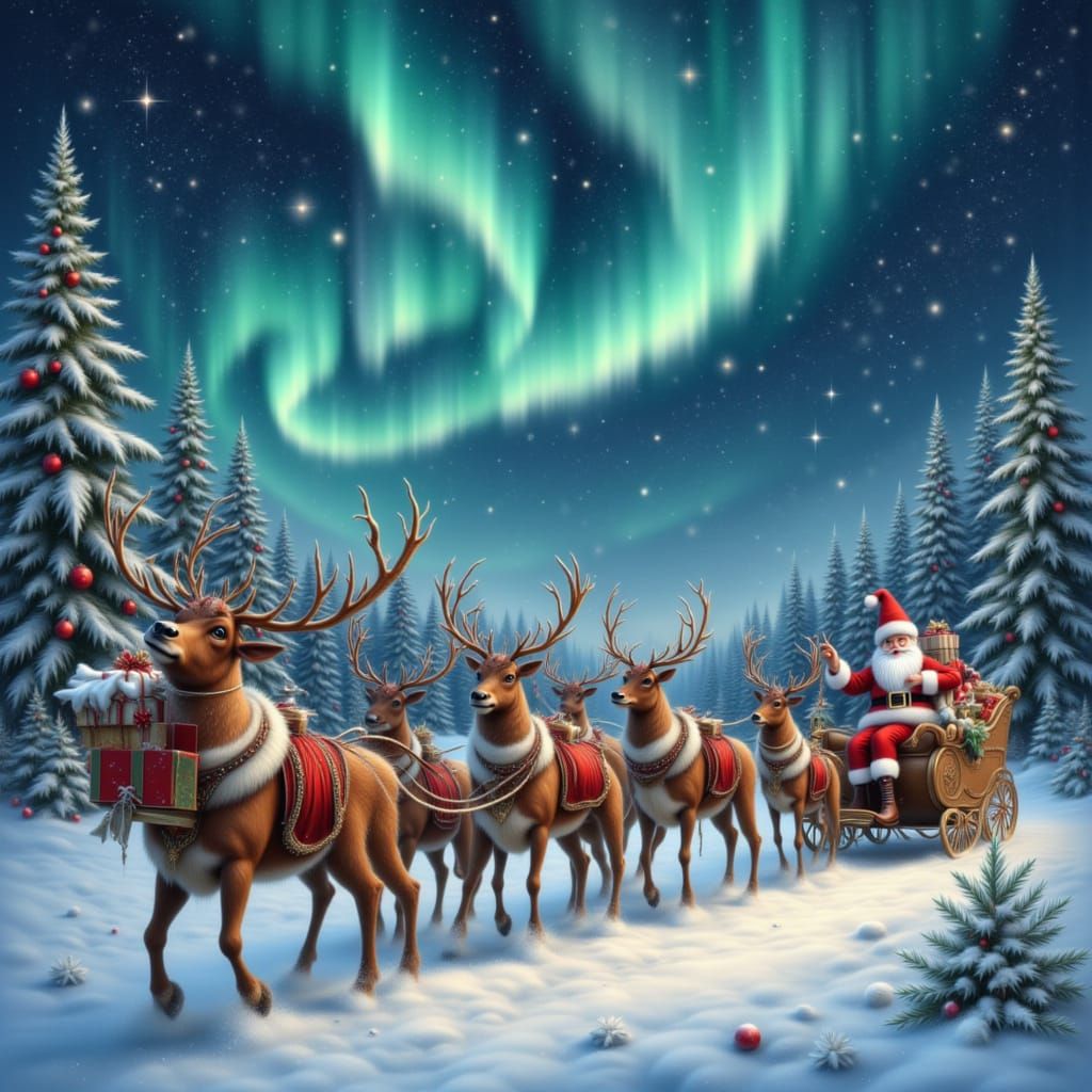 Santa and Reindeer in Magical Christmas Scene