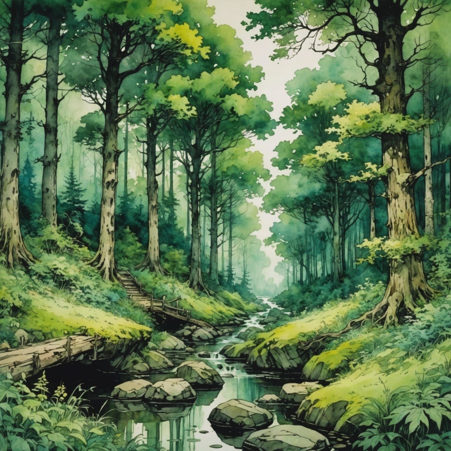 Lush Green Forest Landscape in Watercolor Style