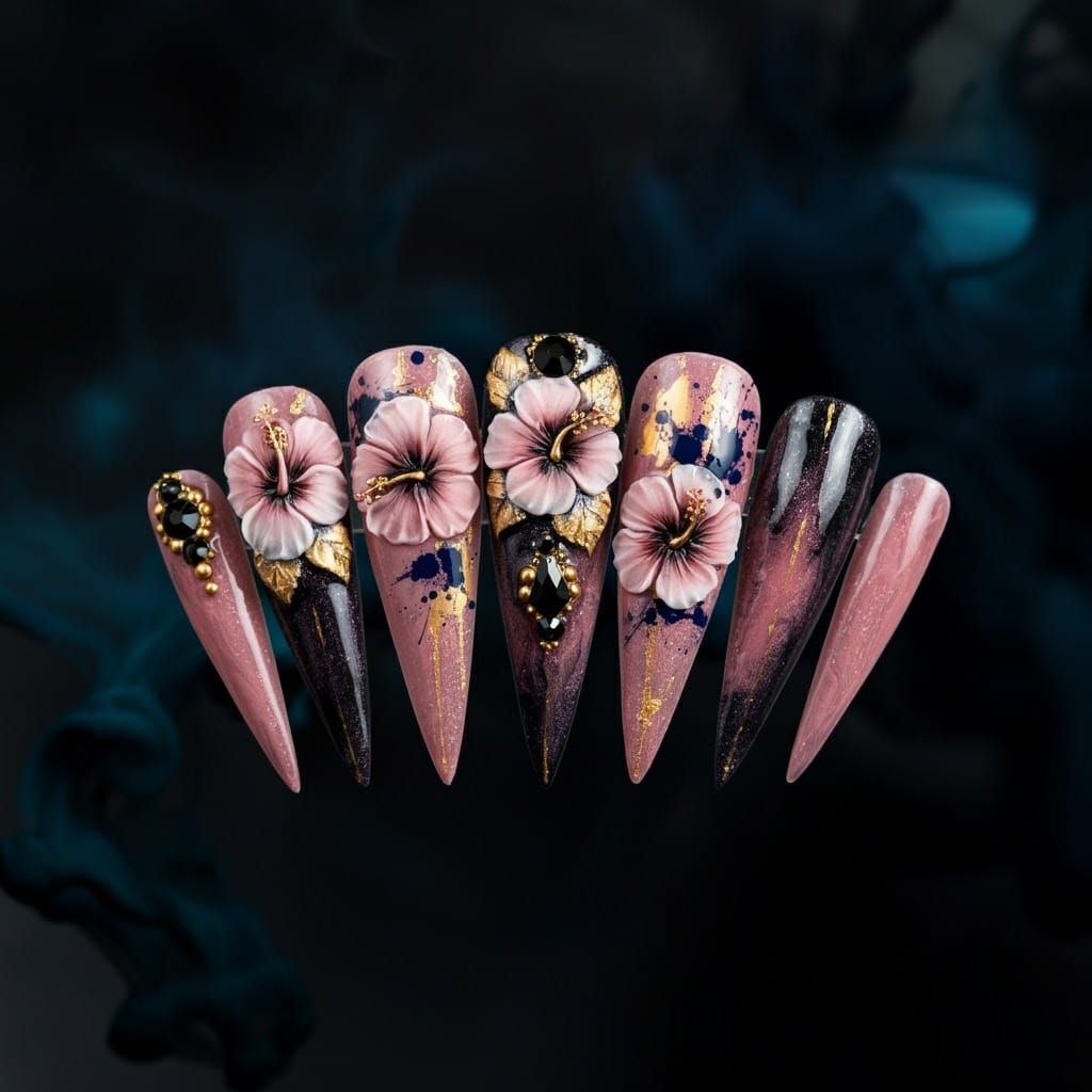 Whimsical Stiletto Nails with Hibiscus and Gold Accents