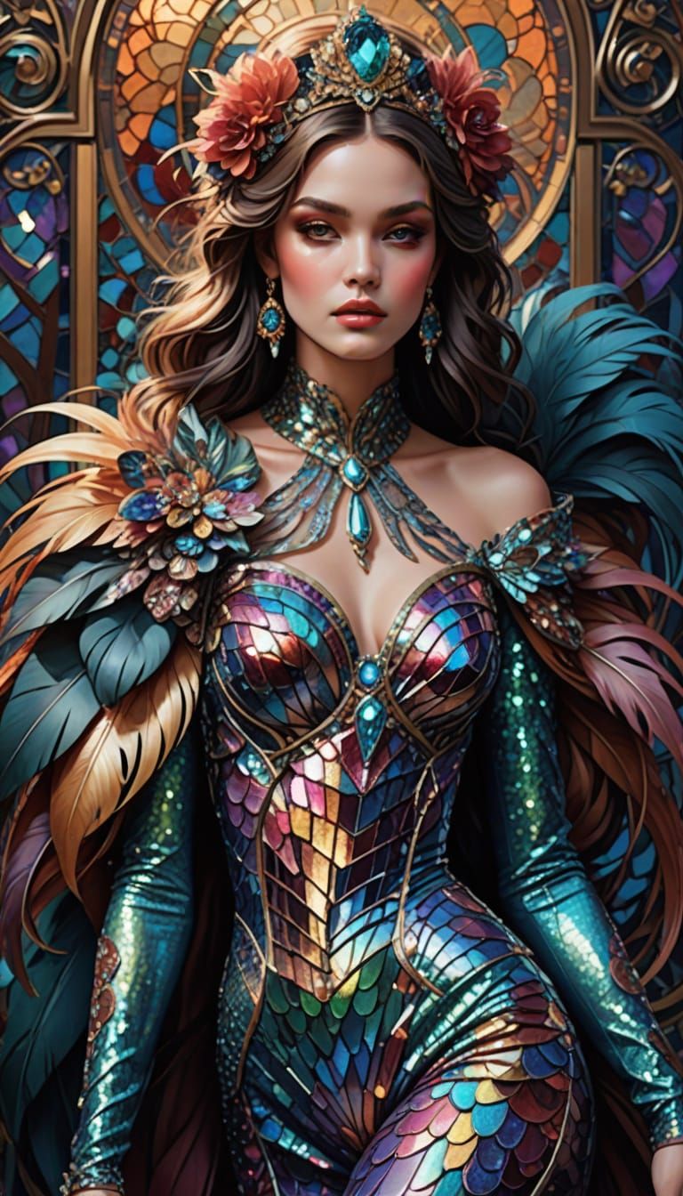 Opulent Fantasy Woman in Sequined Bodysuit and Feathered Boa