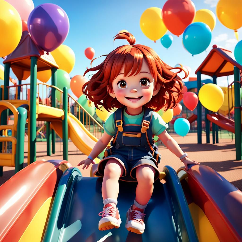 Joyful 3D Anime Playground Scene with Red-Haired Girl