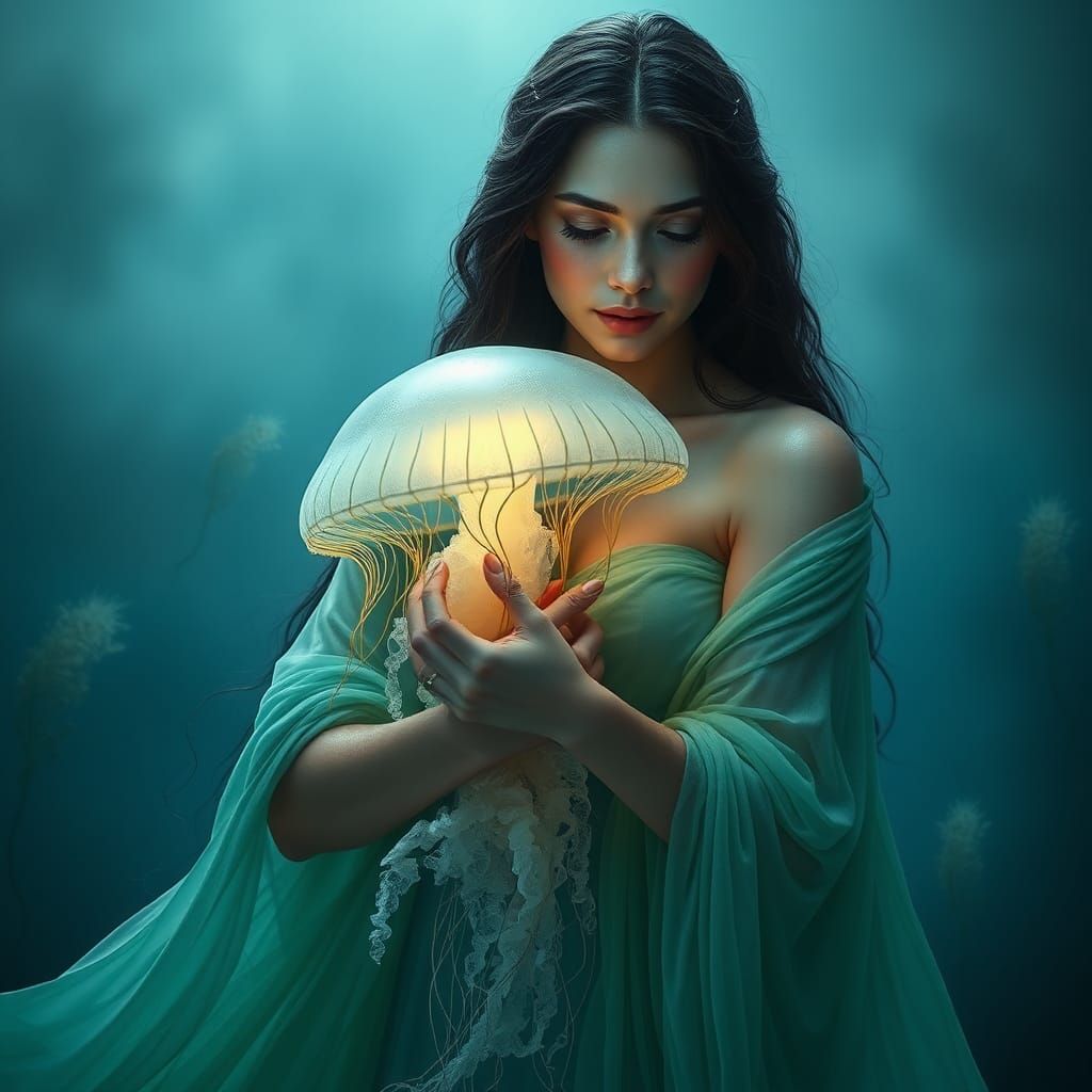 Ethereal Woman with Jellyfish in Hyperrealistic Style