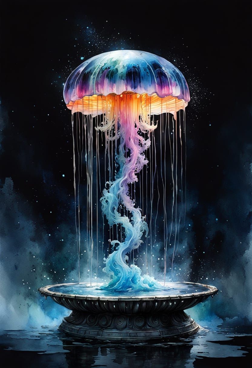 Watercolor Jellyfish Fountain in Ink Splash Art