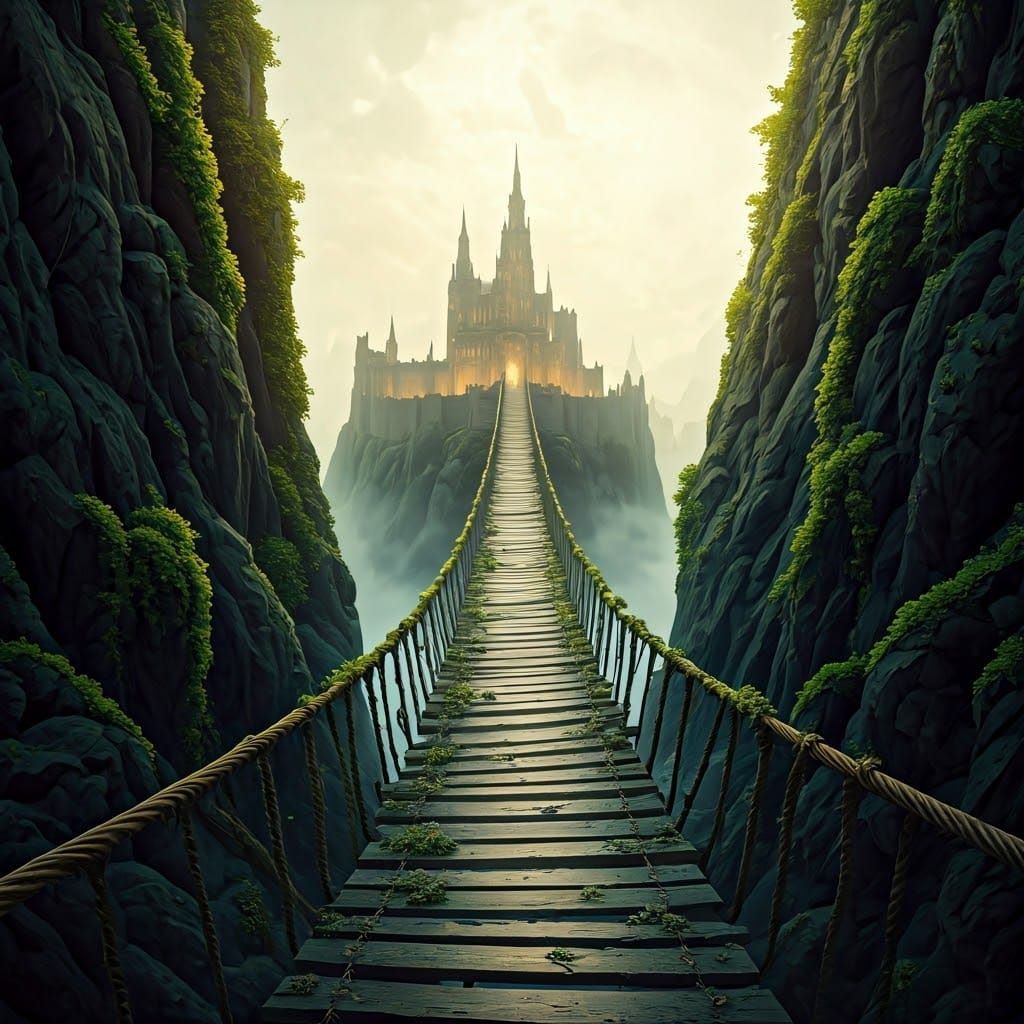 Weathered Rope Bridge Over Raging River, Castle in the Dista...